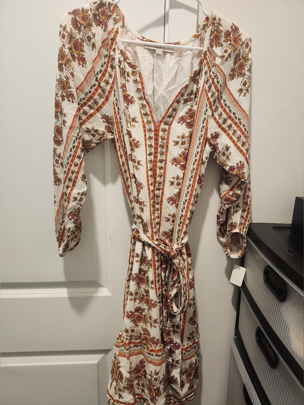 LOFT Floral Stripe Tie-Waist Midi Dress in Cream and Rust